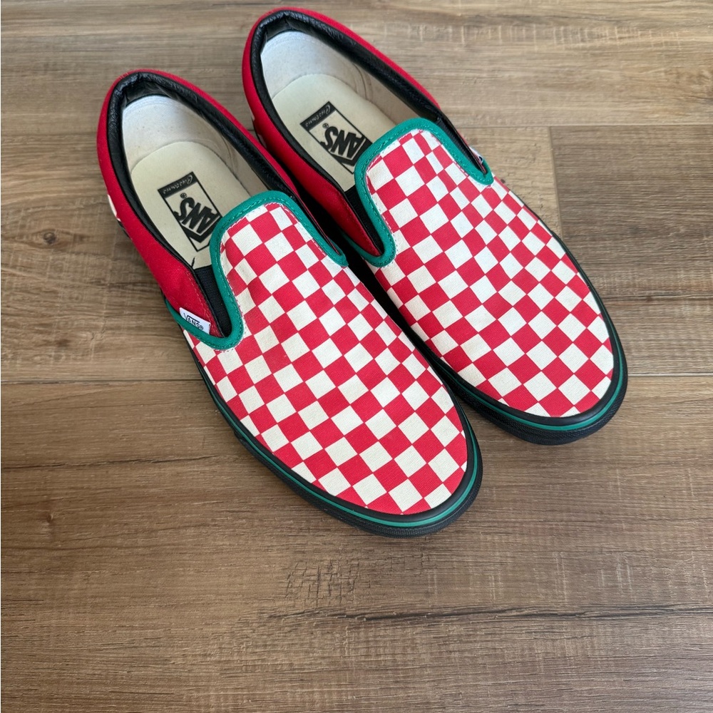 Vans Red and White Checkered Slip-Ons with Green Trim and black soles Men’s 11